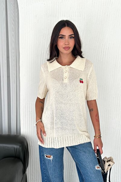 FEMELLE Γυναικείο Πλεκτό Μπλούζα Εκρού Στάνταρ Μέγεθος Χρυσό Κουμπί Λεπτομερές Στάνταρ Μέγεθος