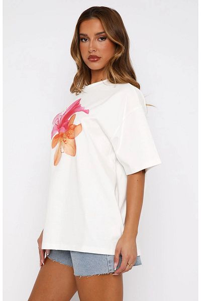 GIA - ART Women's Oversize Ecru T-Shirt 100% Cotton Pink Orange Floral Pattern