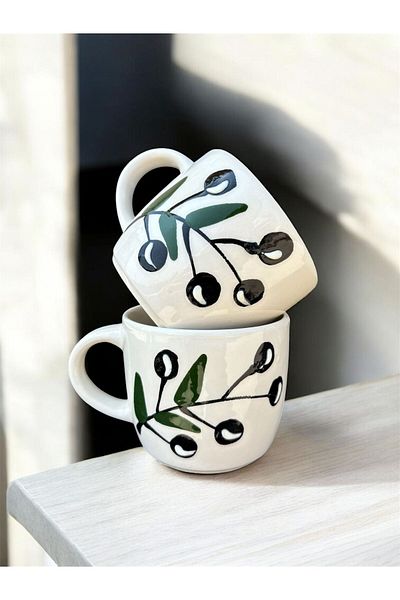 BB TRADE Handmade Olive Branch Patterned Set of 2 Ceramic Mugs