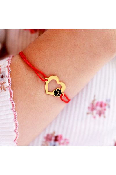 BijuBOX Brățară personalizează inimioară și labuță, snur roșu, argint 925 placat cu aur 24K - Paw Lover