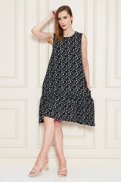 ESPOİRPLUS Women's Black Flowered Circle Neck Skirt Ruffle Burmick Dress