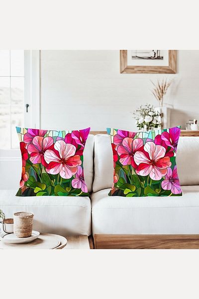 on the clouds Pink Flowers Combination Hidden Zippered Throw Pillow Cover Sofa Pillow Case Set (2Pcs)