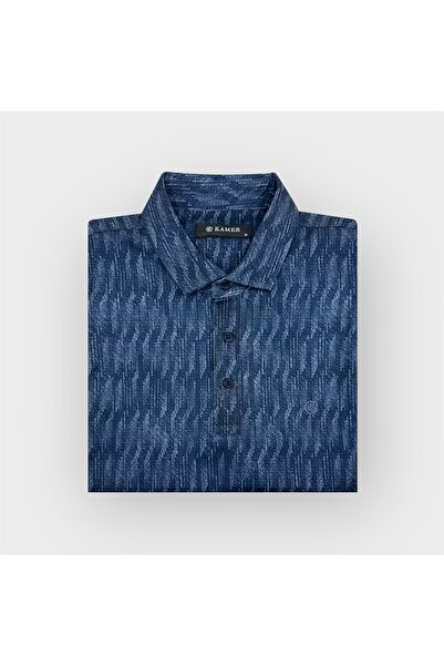 KAMER Modern Fit Shirt Collar Short Sleeve Patterned Navy Blue T-Shirt 5062L