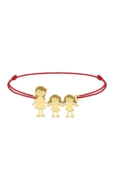 BijuBOX Brățară personalizată Familie Mama și Două Fetițe, Snur Roșu, Argint 925 placat cu aur 24K