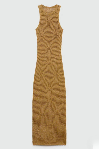 LOOSH Kadın Gold Sarı Halter Yaka Ajur Örgü Uzun Elbise