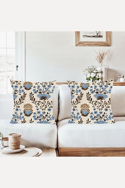 on the clouds Flowers Beige Blue Flower Combination Hidden Zippered Throw Pillow Cover Sofa Pillow Case Set (2Pcs)