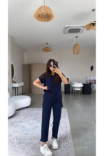 Buket Teke Navy Blue Leg Cuff Pants Blouse Set