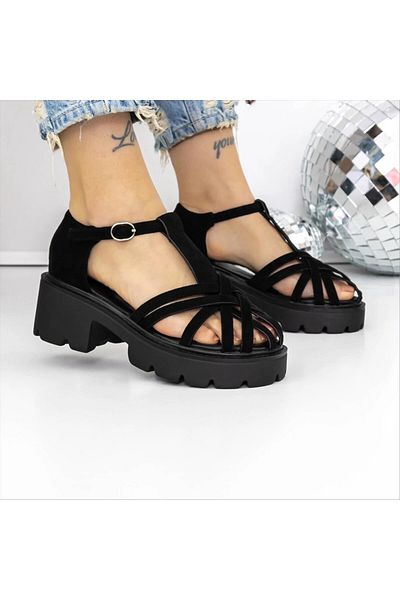 Kalapod Sandale dama cu toc si platforma negre din material textil Starla