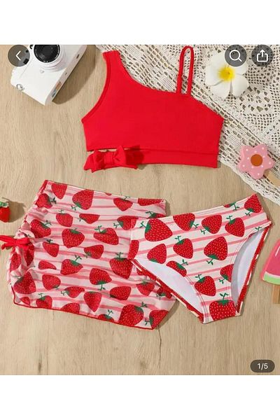 3b kids Bathing Suit Bikini Skirt Bustier Set 3 Set Strawberry Print Red Color Swimwear Bikini Beach Wear