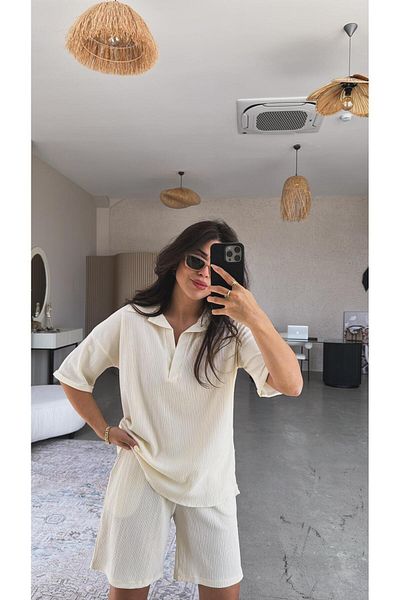 Buket Teke Beige Collar Wrap Shorts Blouse Set