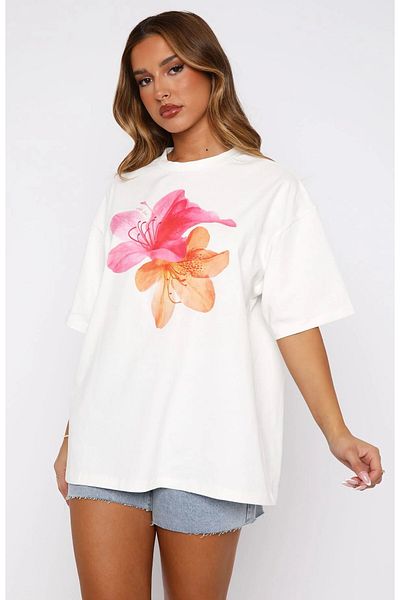 GIA - ART Women's Oversize Ecru T-Shirt 100% Cotton Pink Orange Floral Pattern