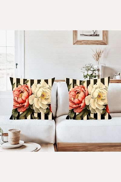 on the clouds Vintage Striped Flower Pattern Combination Hidden Zipper Throw Pillow Cover Sofa Pillowcase Set(2Pcs)