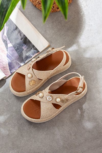 Adım Adım Women's Beige Color Buckle Black Sandals