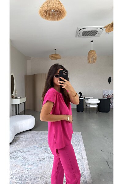 Buket Teke طقم بلوزة بنطلون بمشبك من الفوشيا