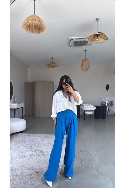 Buket Teke Saks Blue Double Breasted Pleated Trousers