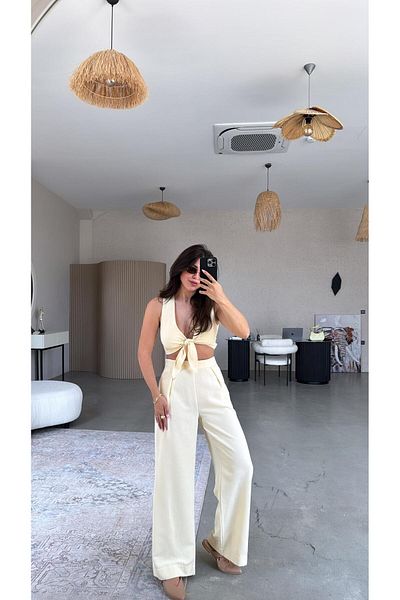 Buket Teke Yellow Linen Tie Blouse Suit
