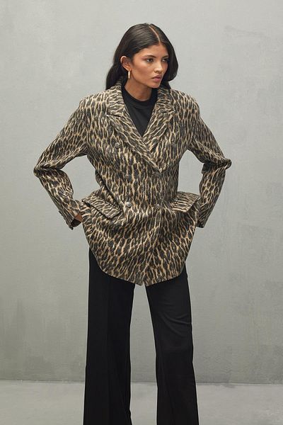 Fahhar Leopard Pattern Stamp Blazer Jacket Brown