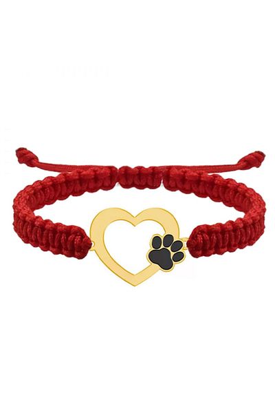 BijuBOX Brățară personalizată inimioară și labuță, snur roșu, argint 925 placat cu aur 24K - Paw Lover