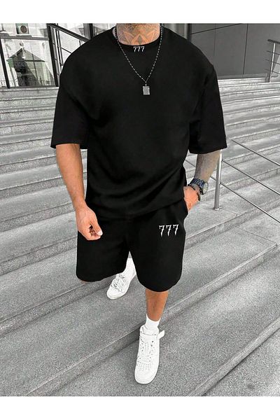 PENTHİLUS 777 T-Shirt and Shorts Kit - Black Print, Large Size, Round Neck