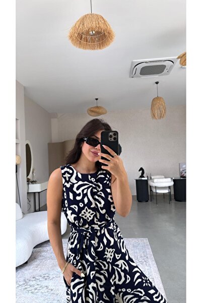 Buket Teke Lacivert Desenli Bol Paça Tulum