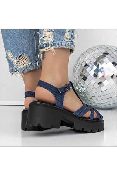 Kalapod Sandale dama cu toc si platforma albastre inchis din material textil Laseleni