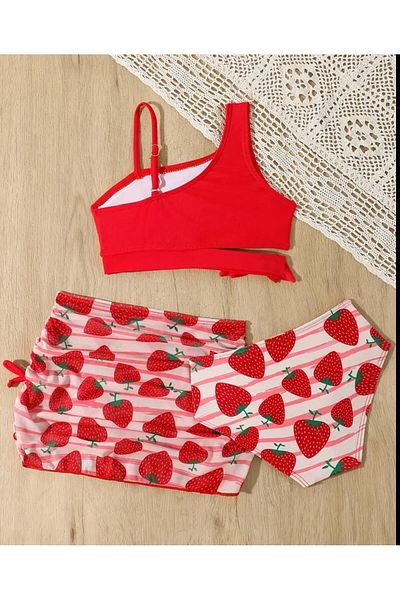 3b kids Bathing Suit Bikini Skirt Bustier Set 3 Set Strawberry Print Red Color Swimwear Bikini Beach Wear