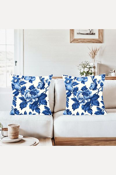 on the clouds Flower Pattern Navy Blue Flower Combination Hidden Zippered Throw Pillow Cover Sofa Pillow Case Set (2Pcs)
