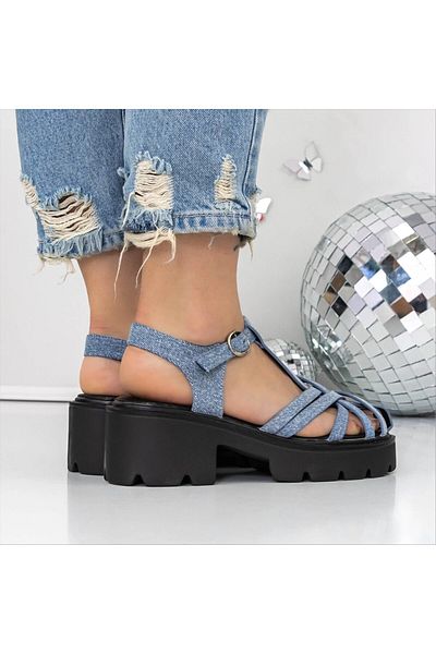 Kalapod Sandale dama cu toc si platforma albastre deschis din material textil Laseleni