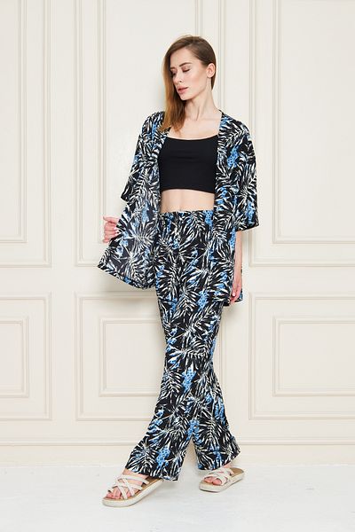 ESPOİRPLUS Women's Blue White Leaf Patterned Kimono Set Comfortable Fit