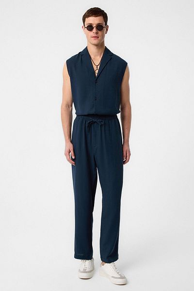 Antioch Navy Blue Linen Blend Jogger Men's Trousers