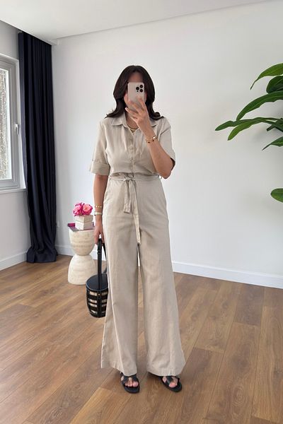 BİRCANÇİL Pani Beige Pocket Detailed Belted Jumpsuit