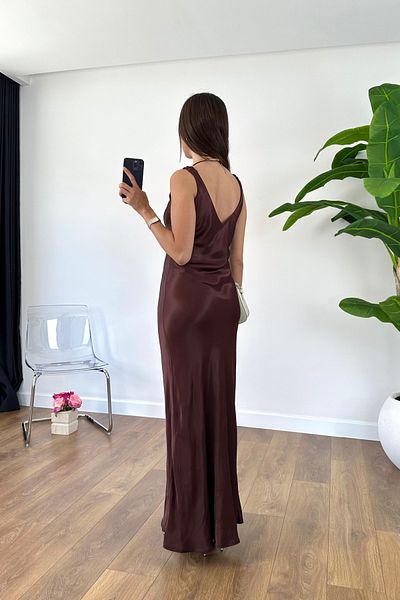 BİRCANÇİL Lora Bitter Brown Suspender Gathered Satin Dress