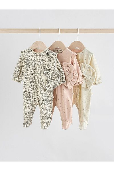 Next Baby 100% Cotton Cream Brown Animal Patterned Hat 3-Piece Sleepsuit Set