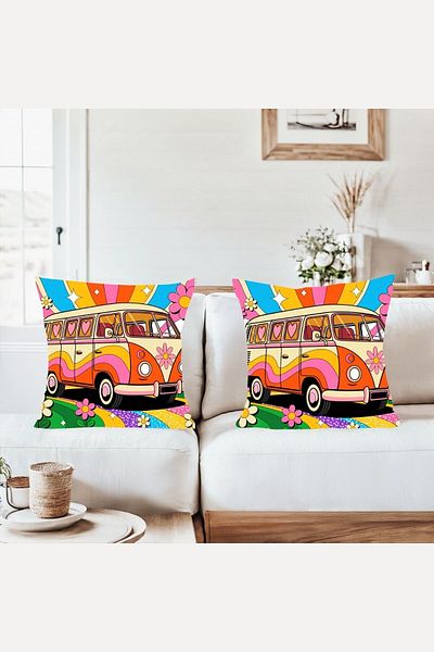 on the clouds Retro Floral Minibus Patterned Combination Hidden Zipper Throw Pillow Cover Sofa Pillow Cover Set (2Pcs)