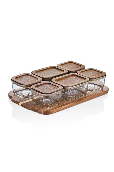 Kitchen Life Acacia Vacuum Covered Glass Breakfast Set - 13 Piece Breakfast Set with Presentation Tray