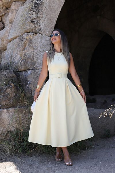 bytugcekaya Yellow Halter Neck Belted Flared Dress
