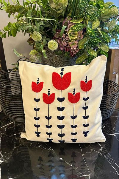 Çeyiz Diyarı Față de pernă din in brodat Lale Lux 45x45 cm