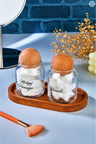 DEKORANLA İki Parçalı Ahşap Standlı Top Kapaklı Makyaj Pamuğu ve Pamuk Organi...