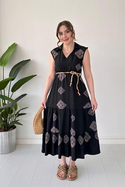 MaziButik Straw Belt Patterned Dress Black