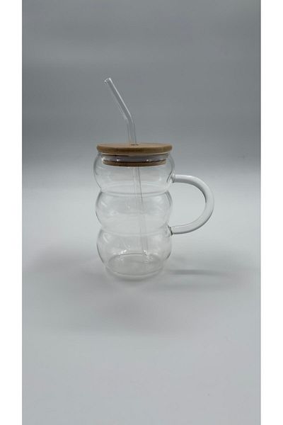 ERKUGO Bubble Handled Borosilicate Glass Cup – Heat Resistant 600 ml - Bamboo Lid