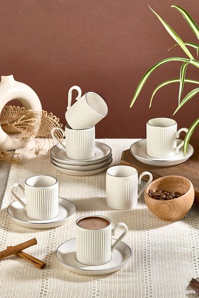 Kitchen Life 12 Pieces 6-Person Stackable Striped Silver Gilt Coffee Cup Set - Coffee Cup Set 100ml