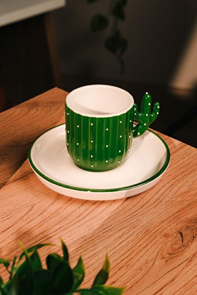 Love Bundles Handmade Cactus Patterned Ceramic Turkish Coffee Cup (100 ml) 2 Pieces