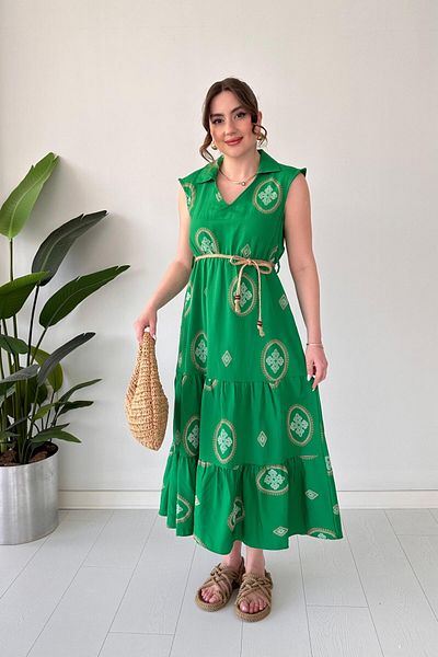 MaziButik Straw Belt Patterned Dress Green