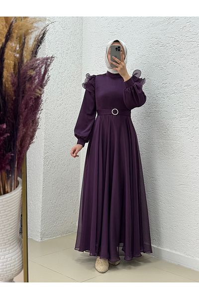 MİHRA STORE Oreleva Shoulder Ruffle Bust Pleated Tulle Dress-Pa9596 Purple