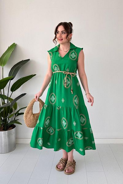 MaziButik Straw Belt Patterned Dress Green
