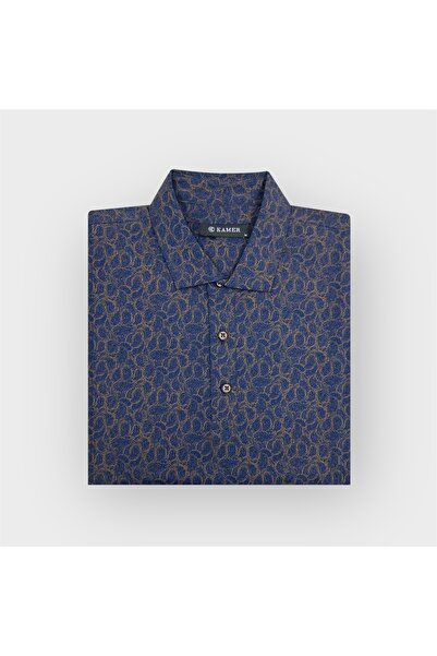 KAMER Modern Fit Shirt Collar Short Sleeve Lycra Patterned Navy Blue T-Shirt 9508Lk