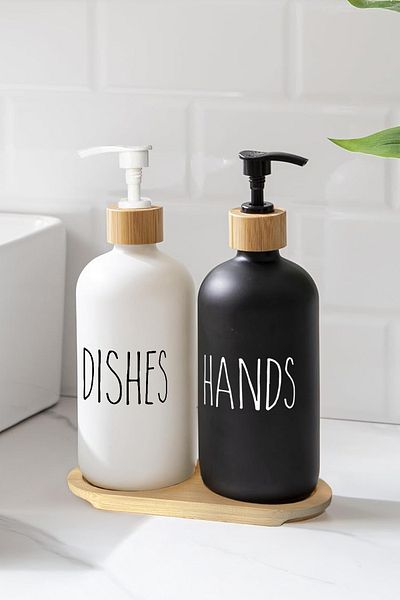 NESS HOME Dozator de săpun lichid cu 2 suporturi Dozator de detergent - Dozator de săpun colorat cu capac aspect lemn