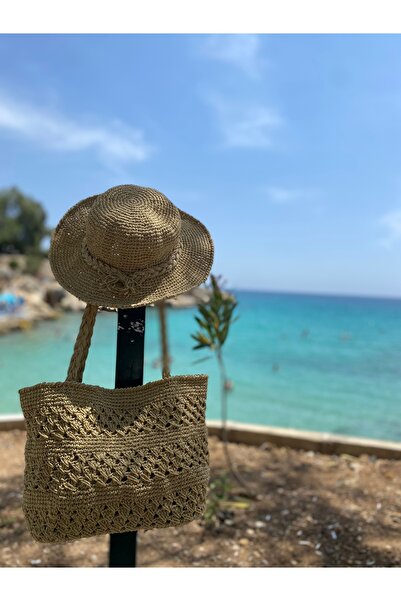BeyceModa Kağıt İp El Örgüsü 2’li Plaj Çantası Ve Şapka( Foter)