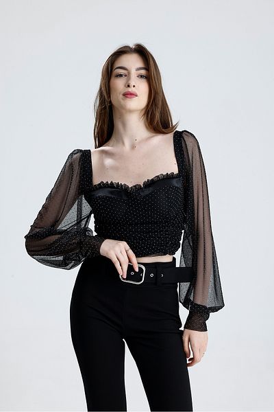 Sense Back Zipper Gloplu U.Sleeve Rubber Gathered Tulle Blouse |   Blz33864 Black