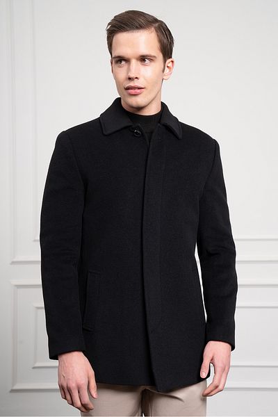 Morven Men's Black Buttoned Berber Collar Dynamic Fit Relaxed Fit Classic Cashmere Coat